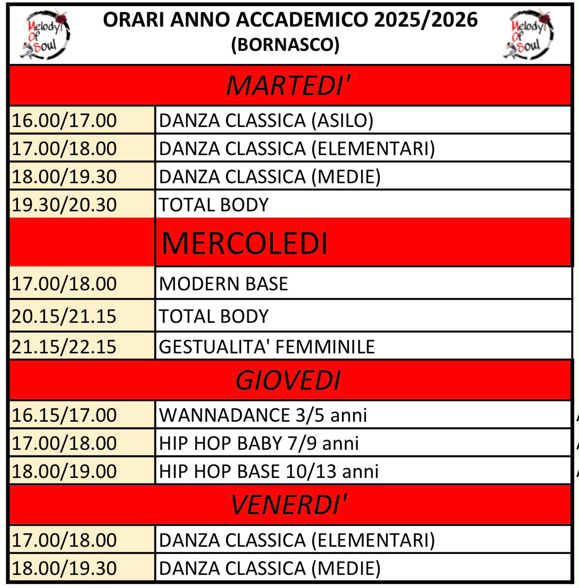 orari e corsi bornasco
